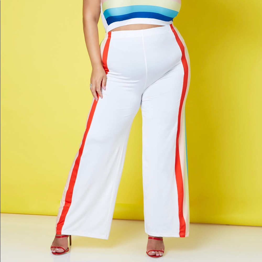 Rebdolls White Wide Leg Pants with Multicolor Side Stripes - Picture 3 of 7